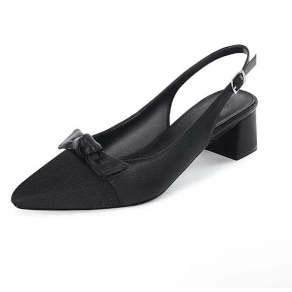 NEW Coutgo Women's 9.5 Pointed Toe Chunky Slingback Bow Low Heels Shoes - Picture 1 of 7